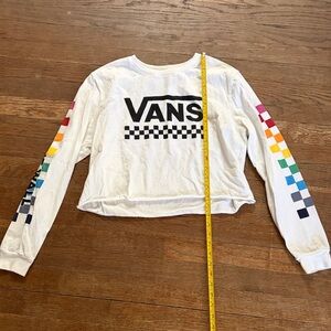 Vans White Crop Long Sleeve Tee with Rainbow Checkerboard Sleeves